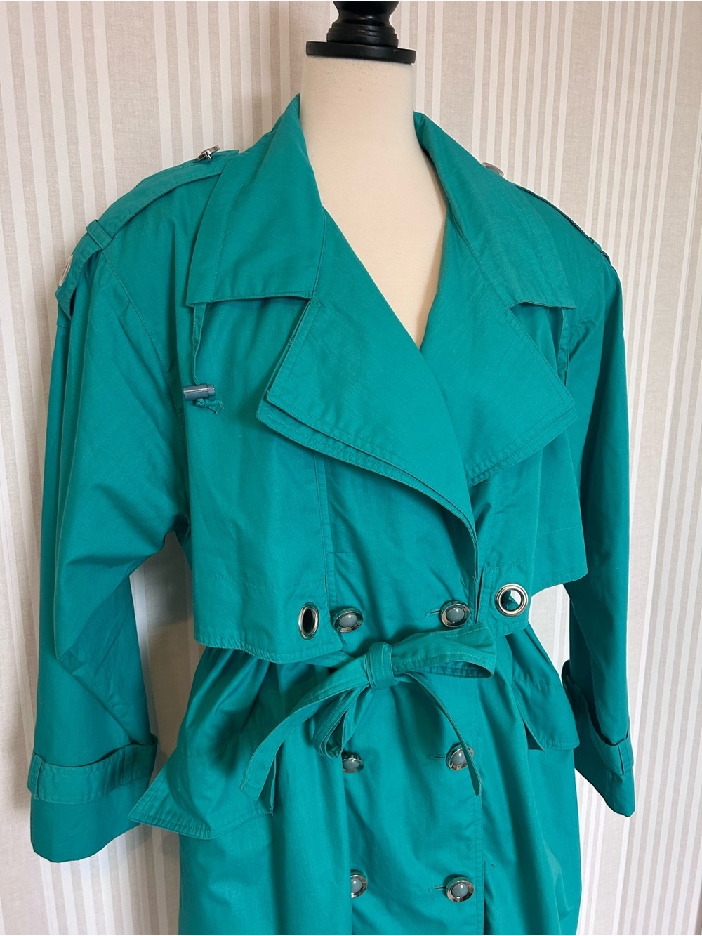 BMI par Balimel Vintage Trench Coat 80s Double Breasted Turquoise Belted - Picture 3 of 12